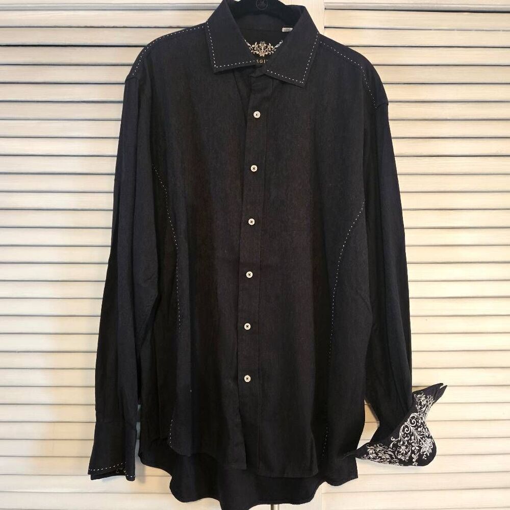 Zagiri Black Damask White Embroidery Button Up Long Sleeve Shirt XL